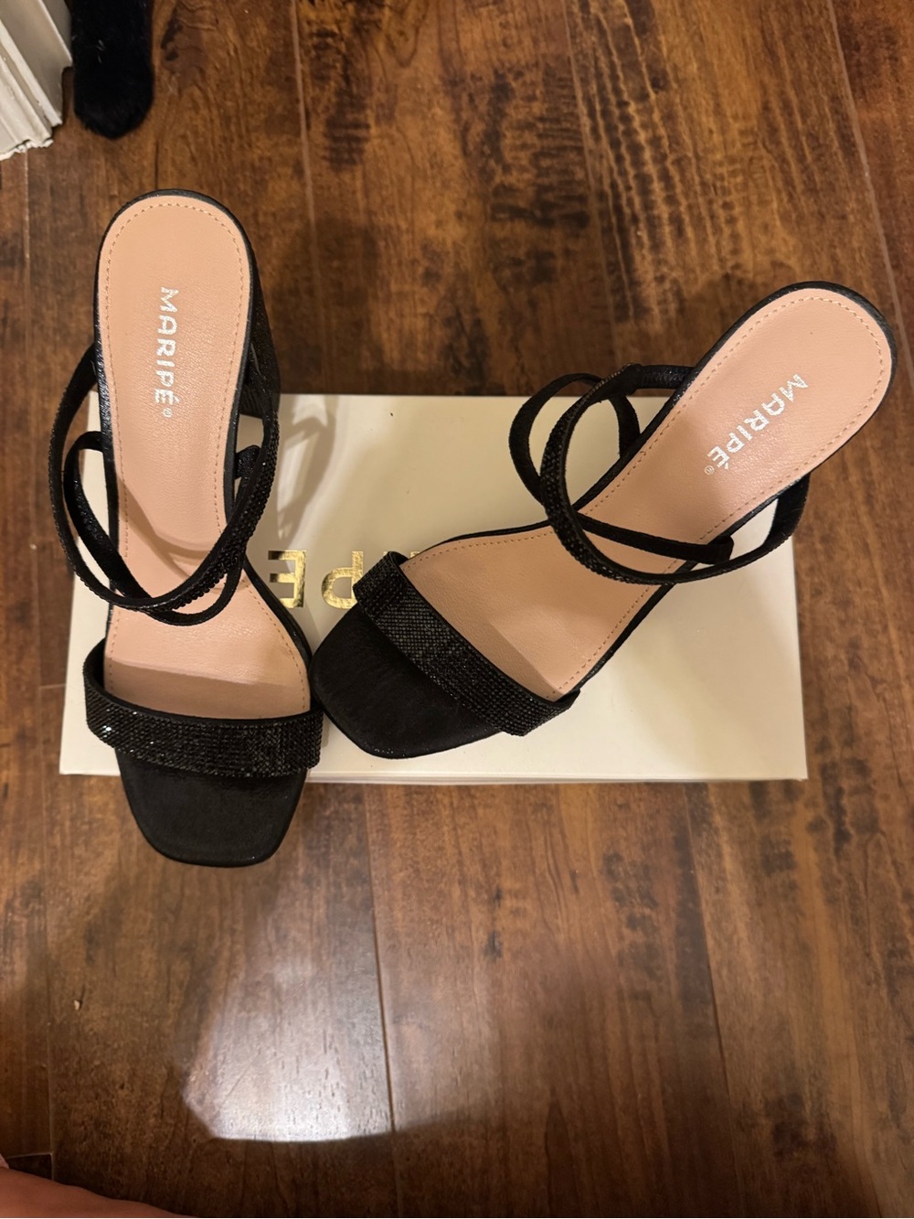 Maripe Black Strappy Block Heel Sandals with Blush Insole